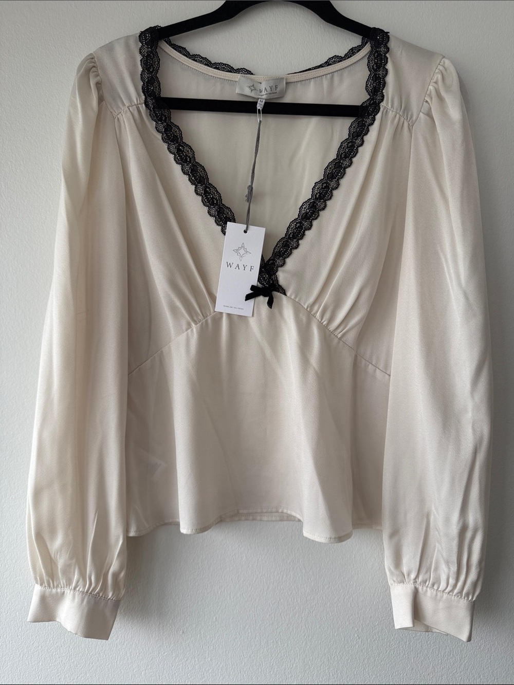 Wayf Ivory Blouse with Black Lace Trim